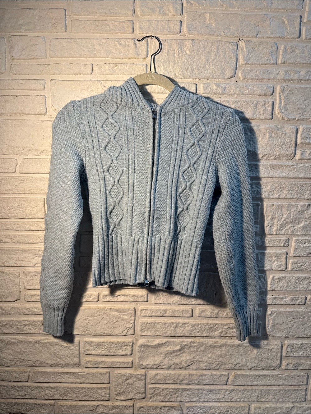Small Light Blue Hooded Cable-Knit Zip Sweater